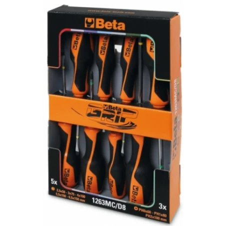 Jeu de tournevis colorés pour vis fente et Phillips BETA "1263MC/D8" de 8 Jeu De Tournevis Colorés Pour Vis Fente Et Phillips BETA "1263MC/D8" De 8 -GUILLEMARRE BOUTIQUE jeu de tournevis colores pour vis fente et phillips beta 1263mc d8 de 8